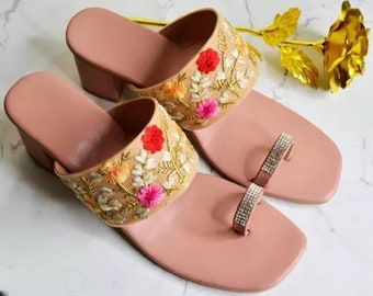 Pink Ethic Sandal Traditional Shoes Handmade Shoes Wedge Heel Sandal Ladies Shoes Indian Sandal, Indian Handmade Toe Ring Sandal For Women.