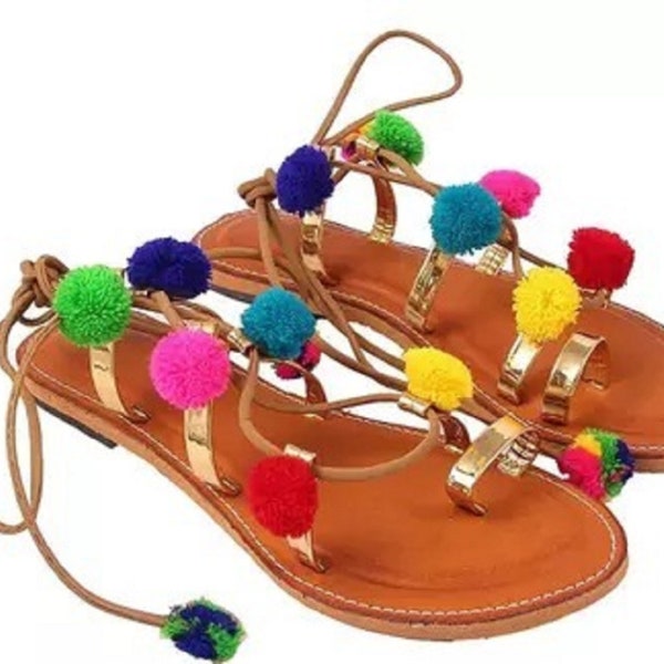 Pom Pom Decorated Greek Leather Sandals For Women, Handmade Boho Tie Up Flats, Tie Up Summer Shoes Decorated With Colorful Pom Poms. Women's