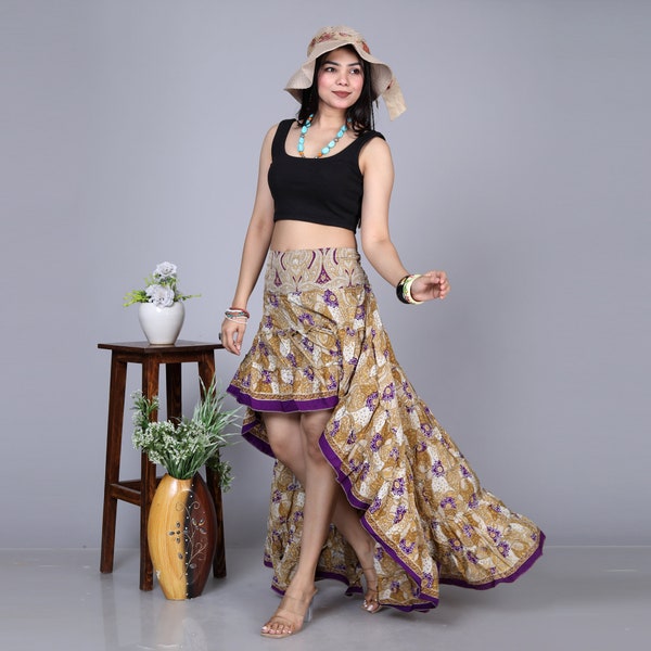 Boho High Low Skirt, Flowy and Colorful Stylish Boho HIGH LOW SKIRT, Vibrant and Comfortable for Beachwear, Silk Sari High Low Free Shipping