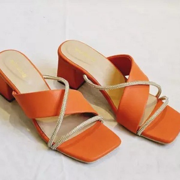 Orange Open Back Short Thick Heeled Shoes, Bridal Shoes, Special Occasion Shoes, Custom Made Leather Heeled Shoes, Orange Short Thick Heels.