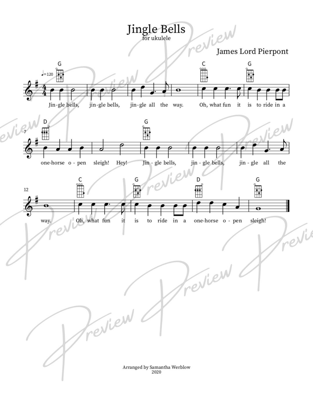 Jingle Bells Ukulele Sheet Music Etsy