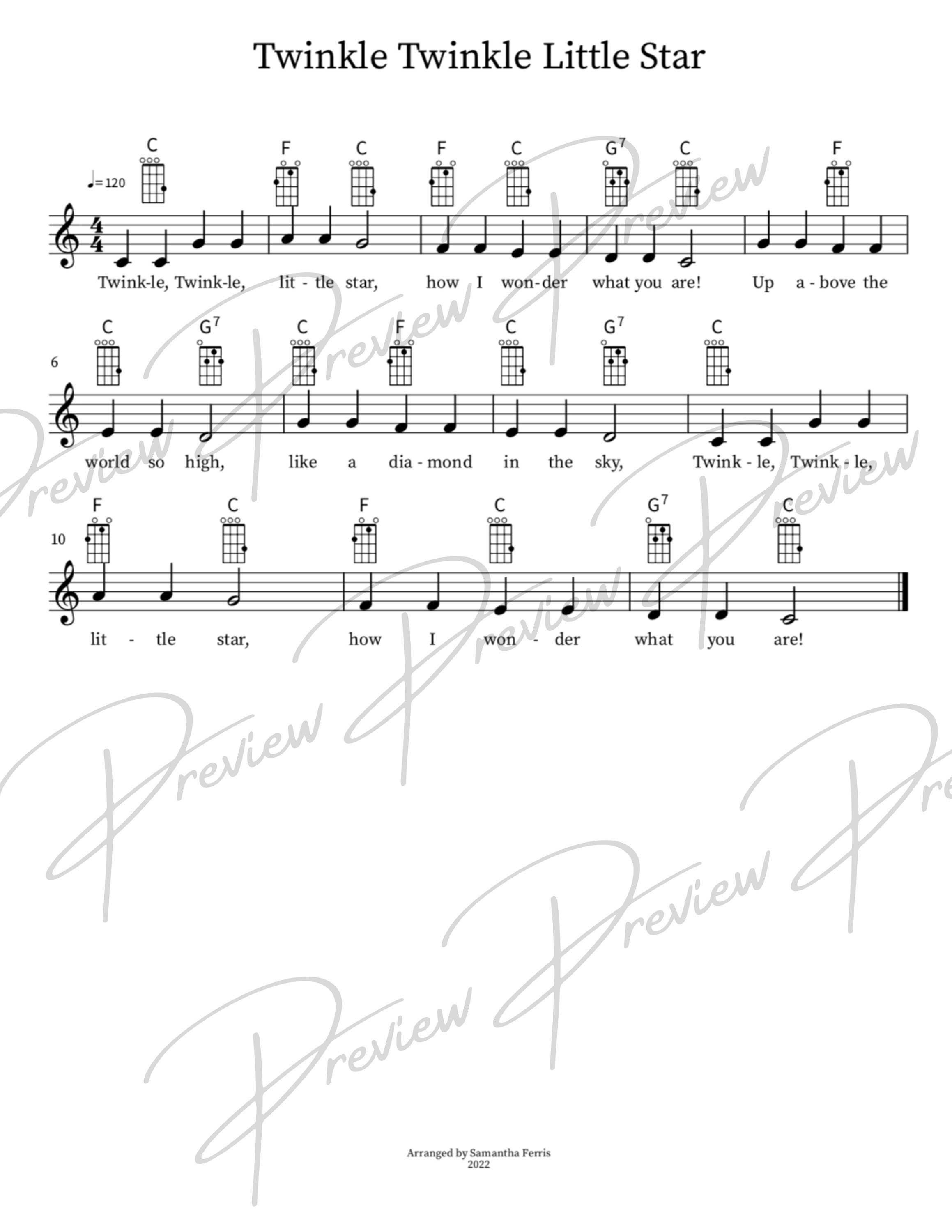 Twinkle Twinkle Little Star Ukulele Sheet Music 