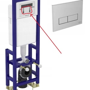 May include: A white toilet cistern with a blue metal frame and a chrome flush plate. The flush plate has two buttons for different flush settings.