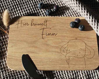 Ontbijtplank - Gepersonaliseerde planken - Cadeau voor geboorte - Doop - Babyshower - Houten plank - Snijplank - Kruimels hier - Naam