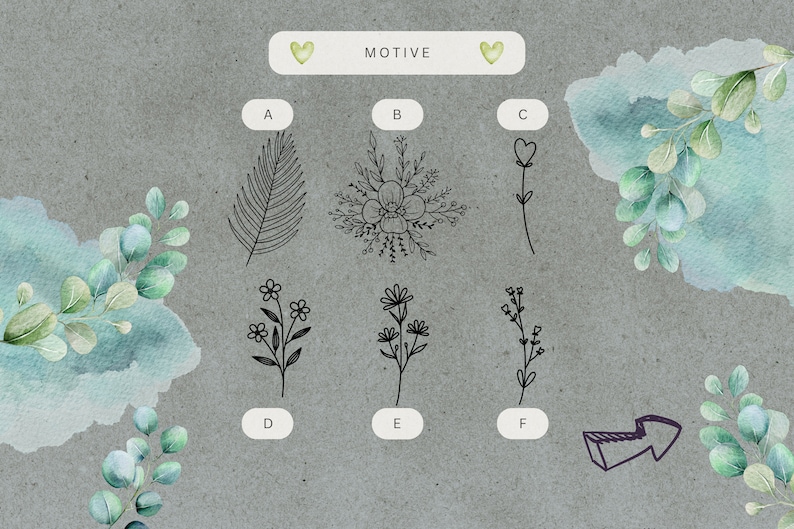 May include: A sheet of paper with a gray background and a light blue watercolor wash. The paper has six black and white illustrations of different floral and leaf designs labeled A through F. The word "MOTIVE" is written in black at the top of the page.