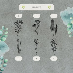 May include: A sheet of paper with the word "MOTIVE" printed in black at the top.  Below the word are nine black and white line drawings of different types of flowers and plants labeled with letters G through L.