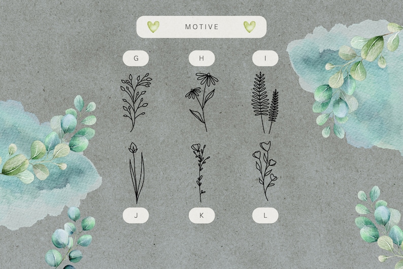 May include: A sheet of paper with the word "MOTIVE" printed in black at the top.  Below the word are nine black and white line drawings of different types of flowers and plants labeled with letters G through L.