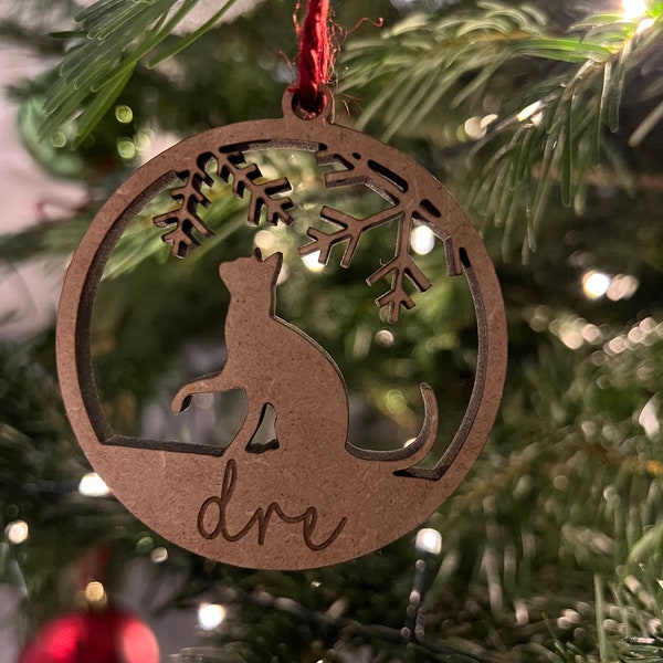 Personalised Wooden Hanging Christmas Cat Tree Bauble Decoration with engraved name