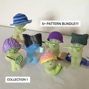 May include: Collection of six crocheted figures with different coloured hats and accessories. The figures are all wearing a light green body and have a friendly expression. The text "5+ PATTERN BUNDLE!!!" and "COLLECTION 1" are visible in the image.