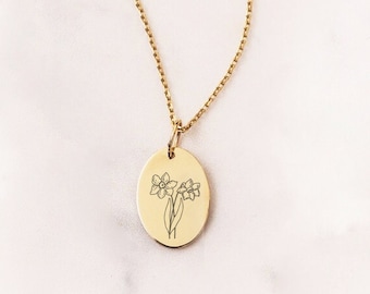 14K or 18K Birth Flower Solid Gold Necklace • Custom Name Engrave Flower Moon Pendant • Custom Flower Necklace • Gift For Mother's Day