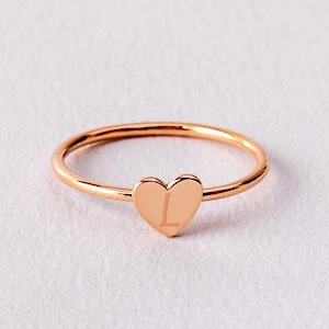 Custom Solid Gold Heart Ring Tiny Engraved Initial Heart Gold Ring Girls Dainty Heart Ring Stacking Handmade Heart Gold Ring image 1