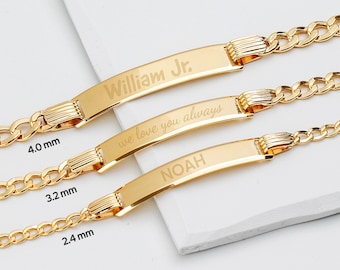 14k Solid Gold Baby ID Cuban Bracelet • Adjustable Toddler Child ID Bracelet • Custom Name Engrave Gold Bracelet is Gift for Kids Jewelry