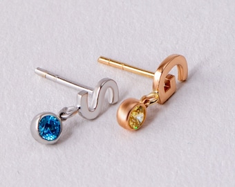 Initial Birthstone 14k Gold Stud Earrings • Letter and Birthstone Eearrings for Girls • Personalized 14k Solid Gold Earrings • Mom for Gifts