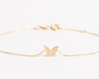 14K 18K Solid Gold Butterfly Bracelet - Dainty Lucky Charm Jewelry - Minimalist Layering Bracelet - Gift for Her, Birthday, Graduation