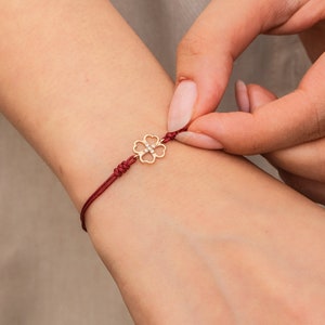 Bracelet corde trèfle, bracelet en or véritable 14 carats 18 carats, bracelet corde trèfle à quatre feuilles pierres CZ, bracelet porte-bonheur, cadeau d'anniversaire