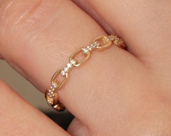 Büroklammer Kettenglied Ring aus 14k/18k Massivgold – Cz oder Diamant Pave Band – Modernes minimalistisches Schmuck – Stapelring oder Statement Ring für Sie