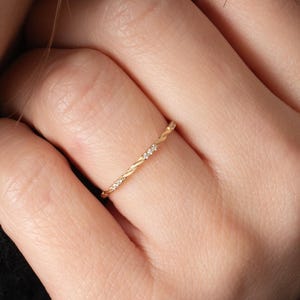 Solid Gold Twisted Diamond Ring • 14k 18k CZ or Diamond Band • Dainty Rope Ring Gift for Her • Minimalist Stacking Anniversary Jewelry