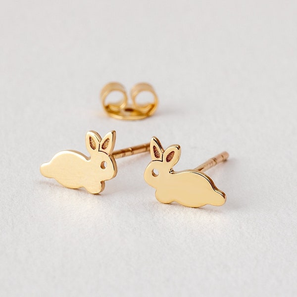 14k Massive Gold zierliche Kaninchen Ohrringe • Minimalistische Gold Hasen Ohrringe für Kinder und Mädchen • Handgemachter Tierschmuck • Zierliche Kaninchen Ohrringe