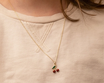 14K Solid Gold Red Cherry Pendant • Dainty Fruit Necklace • Cute Minimalist Cherryes Necklace • Tiny Summer Jewelry • Gift For Her
