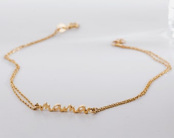 14K Solid Gold Script Mama Bracelet • Solid Plain Gold Minimalist Mama Bracelet • Double Row Chain Dainty Gold Bracelet • Mother's Day Gift