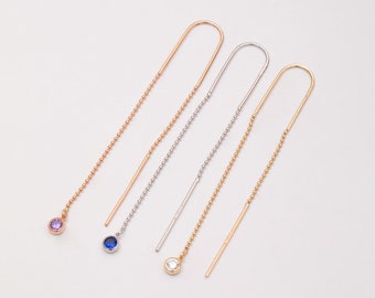 14K 18K Solid Gold Birthstone Threader Earring • Real Gold Birthstone Drop Earrings • Long Chain Dangle Earrings • Two Side Drop Earrings