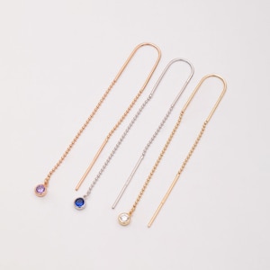 14K 18K Solid Gold Birthstone Threader Earring • Real Gold Birthstone Drop Earrings • Long Chain Dangle Earrings • Two Side Drop Earrings