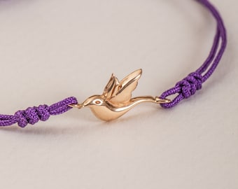 Hummingbird String Bracelet, 14K 18K Real Gold Adjustable Bracelet, Custom Color Hummingbird Cord Bracelet, Tiny Hummingbird Bracelet