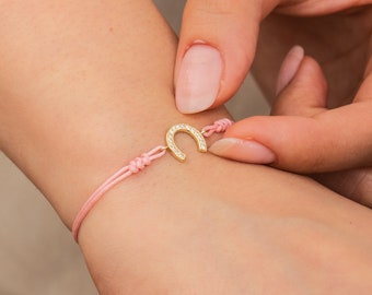 Lucky Horseshoe Bracelet, 14K 18K Real Solid Gold Bracelet, Horseshoe String Bracelet, Good Luck Charm Bracelet, Wish Gift Bracelet For Her