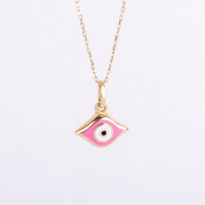 Dainty 14k Solid Gold Evil Eye Necklace • Custom Enamel Evil Eye Pendant for Kids and Girls • Protector Personalized Evil Eye Necklace