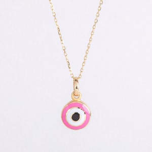 14k Solid Gold Two Side Evil Eye Necklace • Colorful Evil Eye Charm for Kids • Baby Protection Solid Gold Evil Eye Necklace • for Children&#39;s