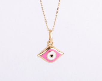 Dainty 14k Solid Gold Evil Eye Necklace • Custom Enamel Evil Eye Pendant for Kids and Girls • Protector Personalized Evil Eye Necklace