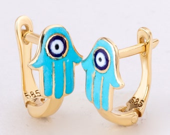 Tiny Hamsa 14K Solid Solid Gold Earring for Kids • Solid Gold Enamel Hamsa Earrings For Toddlers • Birthday Jewelry Gifts for Kids