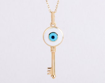 Dainty 14k Solid Gold Evil Eye Key Necklace • Reciligious Key Pendant for Kids and Girls • Enamel Solid Gold Key Charm • Mother's Day Gift