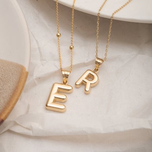 Collar con letra de globo de oro real de 14 quilates, collar con letra de burbuja de oro, collar con inicial hinchada en 3D de oro macizo, regalo de cumpleaños, regalo del Día de la Madre