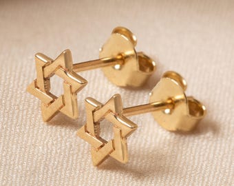 Tiny Star of David Stud Earrings 10K 14K 18K Solid Gold, Minimal Jewish Hexagram