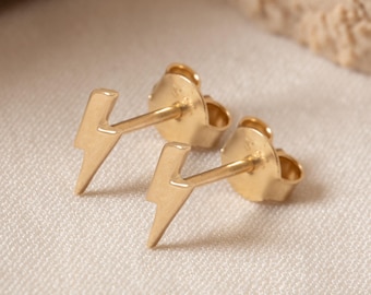 Lightning Bolt Stud Earrings 10K 14K 18K Solid Gold, Tiny Thunderbolt Cartilage Earring, Single or Pair