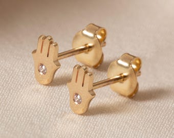 Tiny Hamsa Hand Stud Earrings 10K 14K 18K Solid Gold with Stone, Minimal Protection Stud