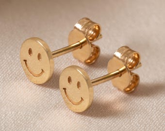 10K 14K 18K Solid Gold Smiley Face Stud Earrings, Tiny Happy Face Single or Pair