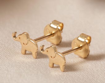 Elephant Stud Earrings 10K 14K 18K Solid Gold, Tiny Minimal Animal Single or Pair
