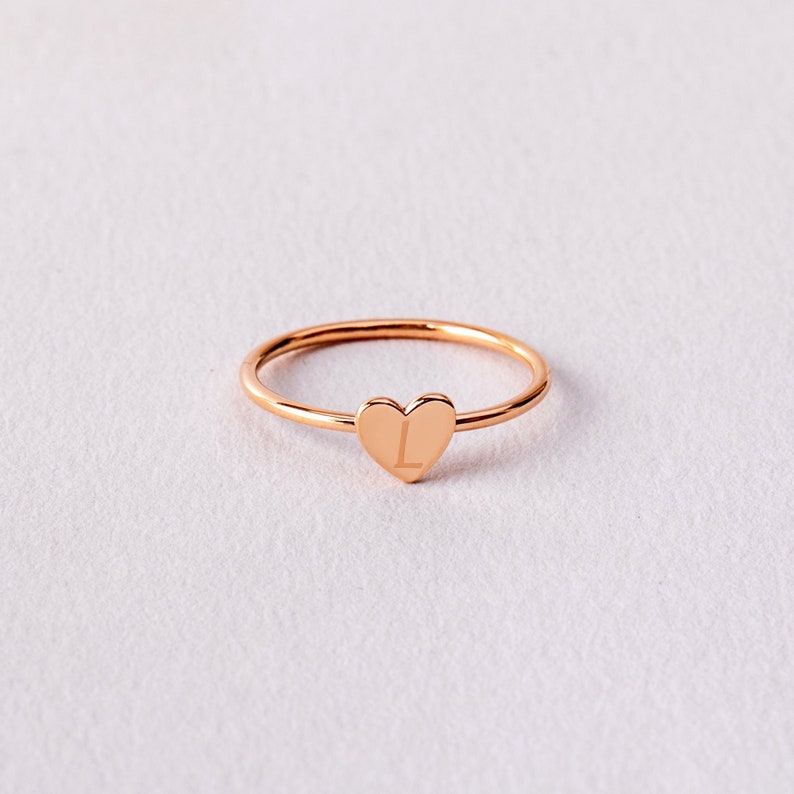 Custom Solid Gold Heart Ring Tiny Engraved Initial Heart Gold Ring Girls Dainty Heart Ring Stacking Handmade Heart Gold Ring image 1