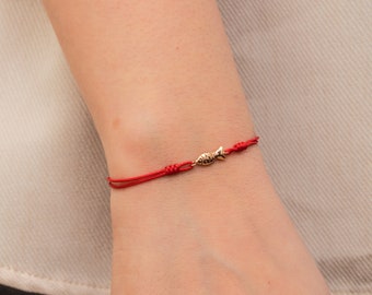 Tiny Fish String Bracelet, 14K 18K Real Gold Red Rope Bracelet, Adjustable Cute Fish Bracelet, Gift For Kids, Best Wishes Bracelet