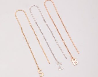 14K 18K Solid Gold Initial Threader Earring  • Real Gold Letter Drop Earrings • Long Chain Dangle Earrings • Two Side Drop Earrings