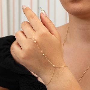 Beaded Hand Chain Bracelet, Cable Chain Slave Bracelet, 14K Real Gold Hand Jewelry, Dainty Finger Bracelet, Boho Gold Accessory, Chain Ring