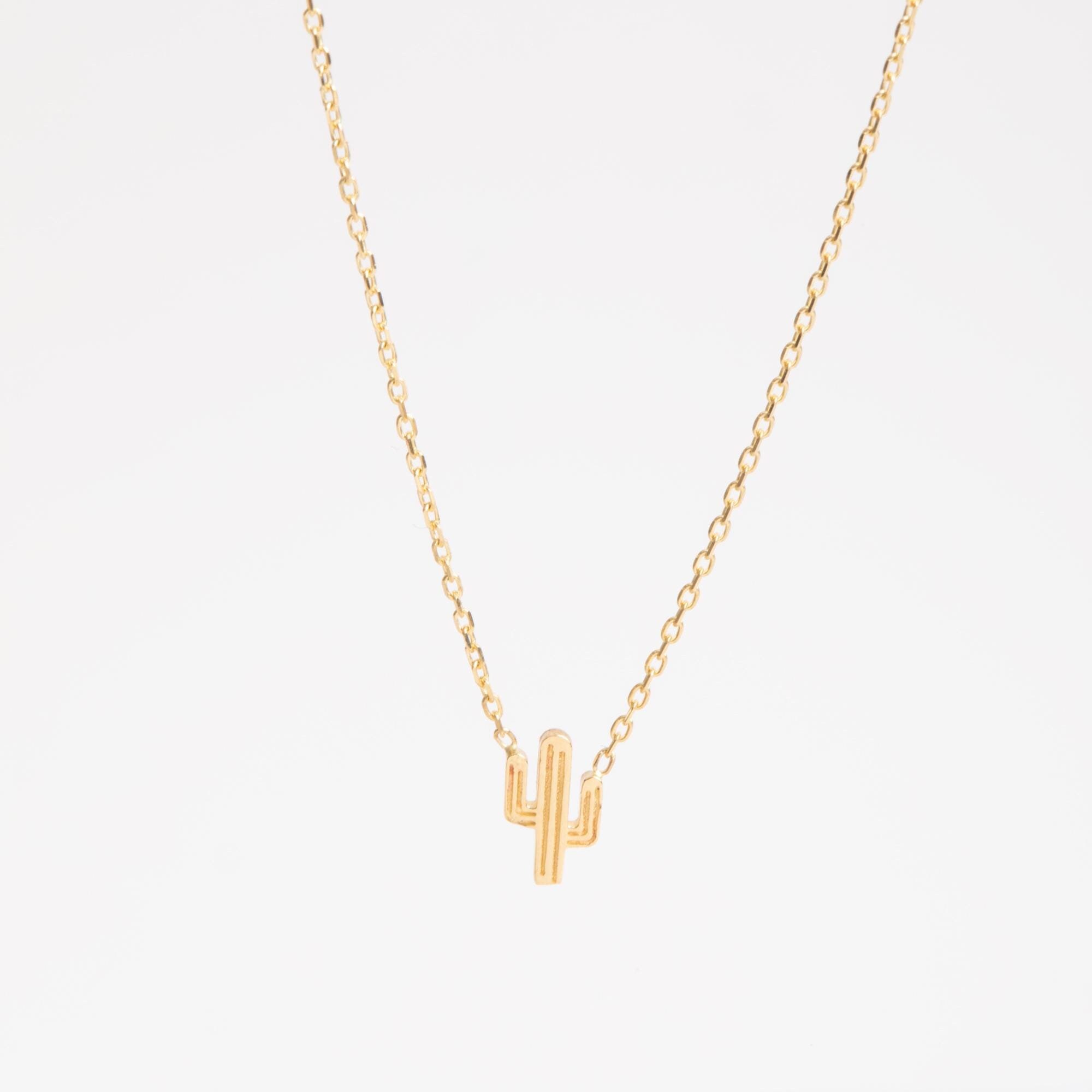14K or 18K Solid Gold Cactus Charm Necklace, Minimalist Desert