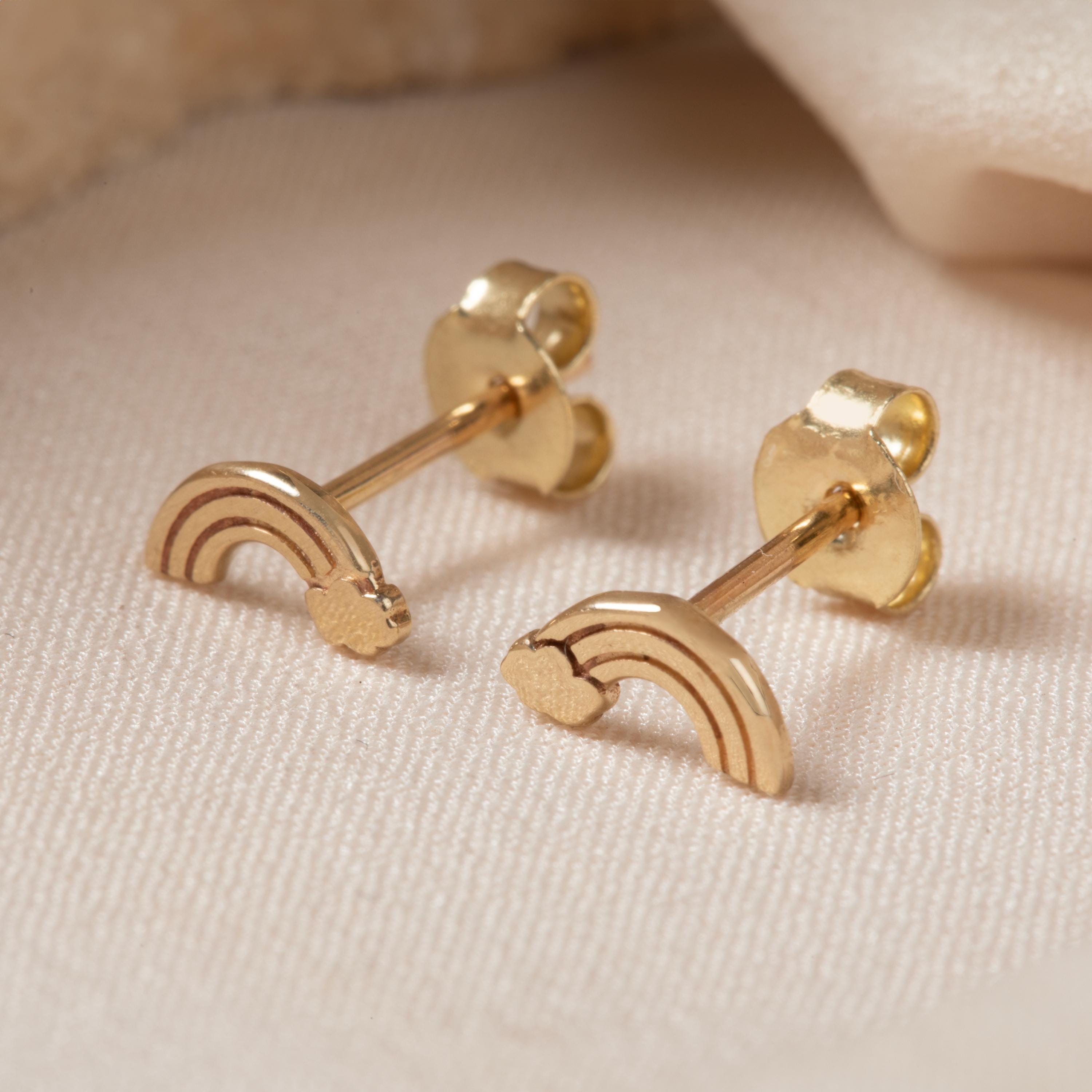 10K 14K 18K Solid Gold Rainbow with Clouds Stud Earrings, Minimal…
