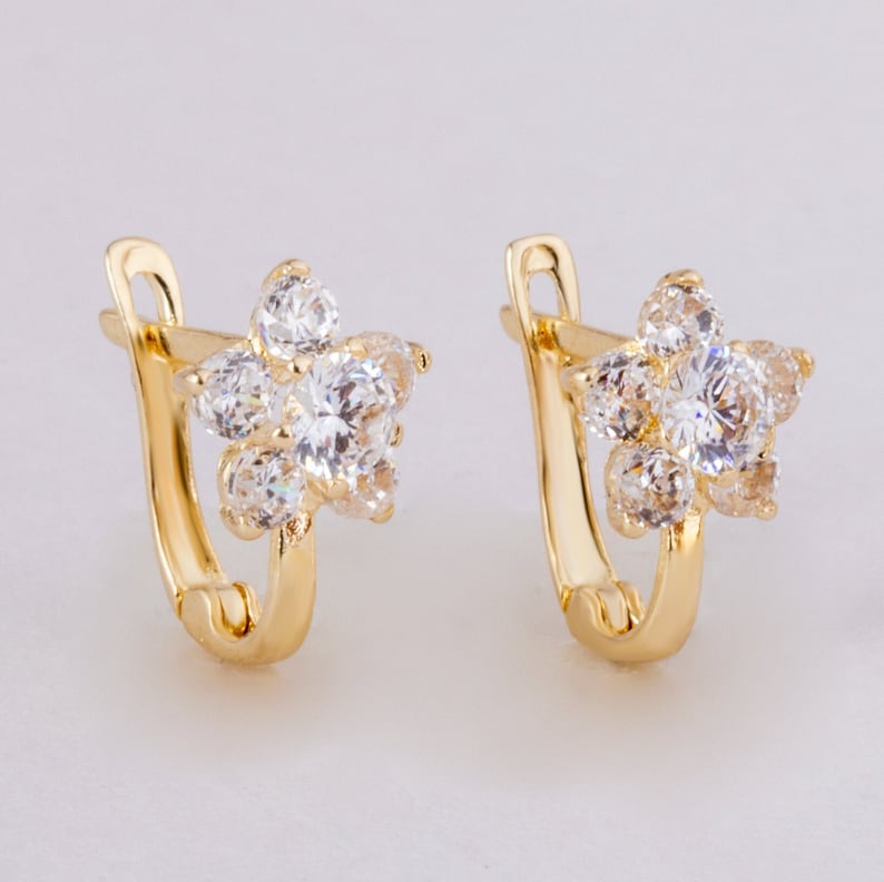 14k Solid Gold Tiny Stone Flower Earrings Little Girl 14k Etsy