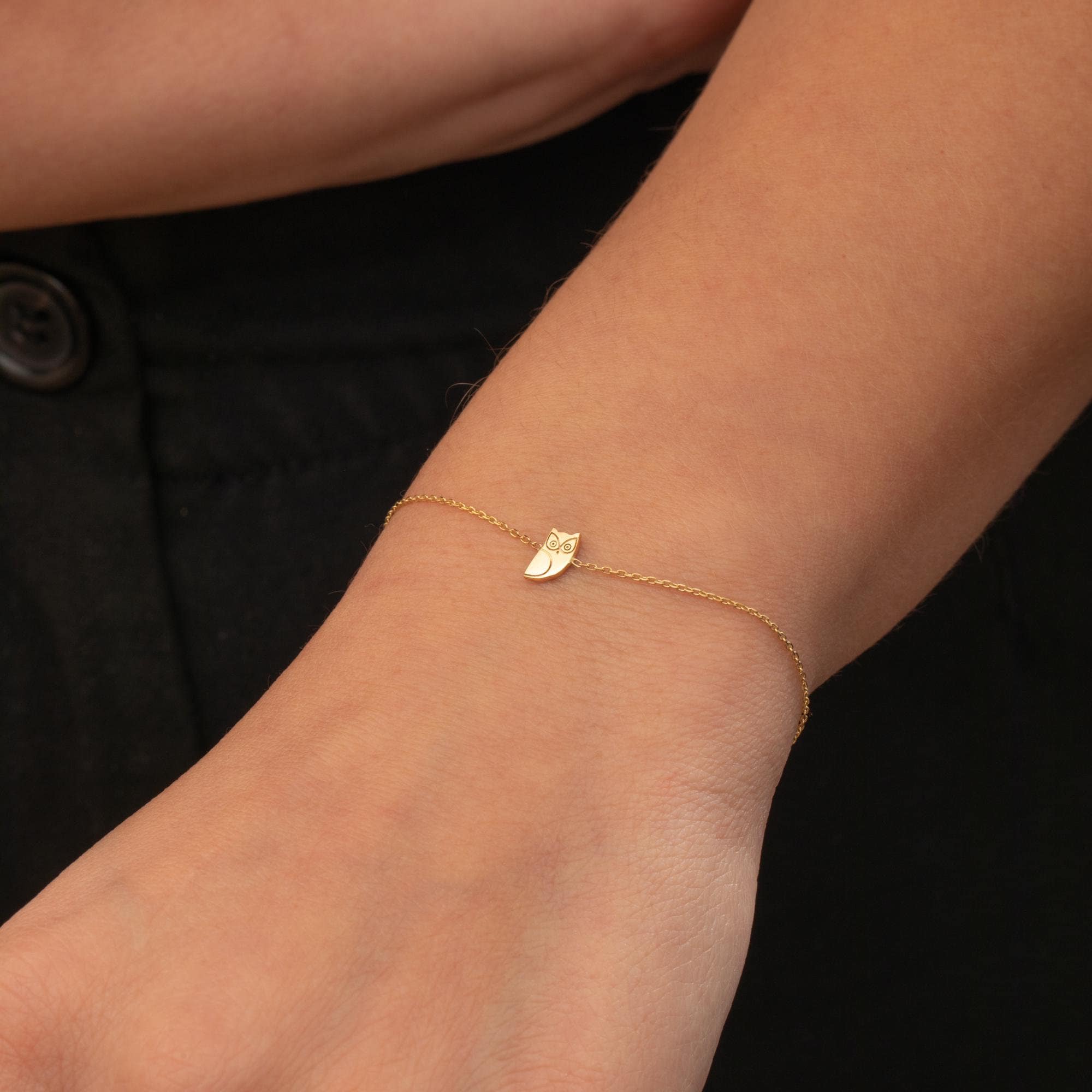 Solid Gold Owl Bracelet - 14K & 18K Dainty Minimalist Bracelet - Custom Gift for Birthday, Gradu