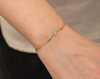 Minimalist Floral Charm Bracelet, Flower String Bracelet in 14K 18K Real Gold, Tiny Kids Bracelet, Dainty Flower Rope Bracelet, Gift For Her