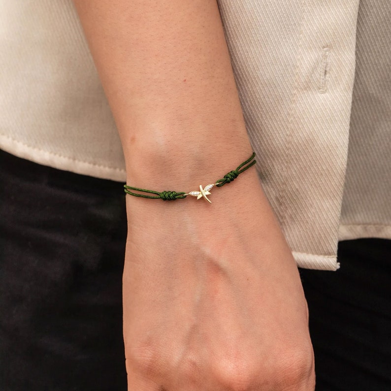 Dragonfly Cord Bracelet, 14K 18K Real Gold Bracelet, Adjustable String Bracelet With Dragonfly Charm, Minimalist Bracelet Gift For Her image 1