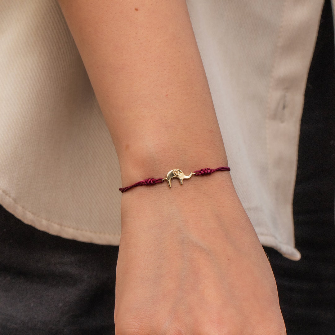 Elephant String Bracelet, Adjustable Bracelet in 14K 18K Real Gold